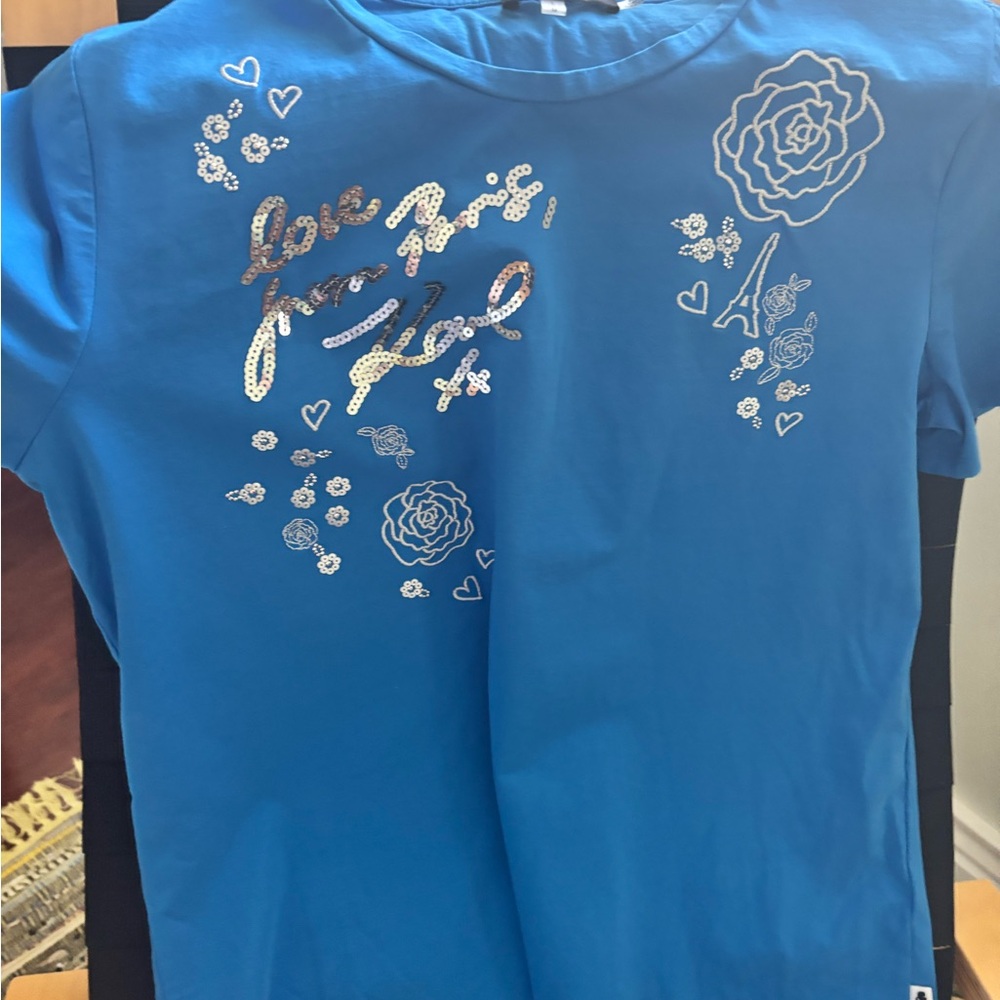 Karl Lagerfeld Blue Tee with Silver Floral Accents